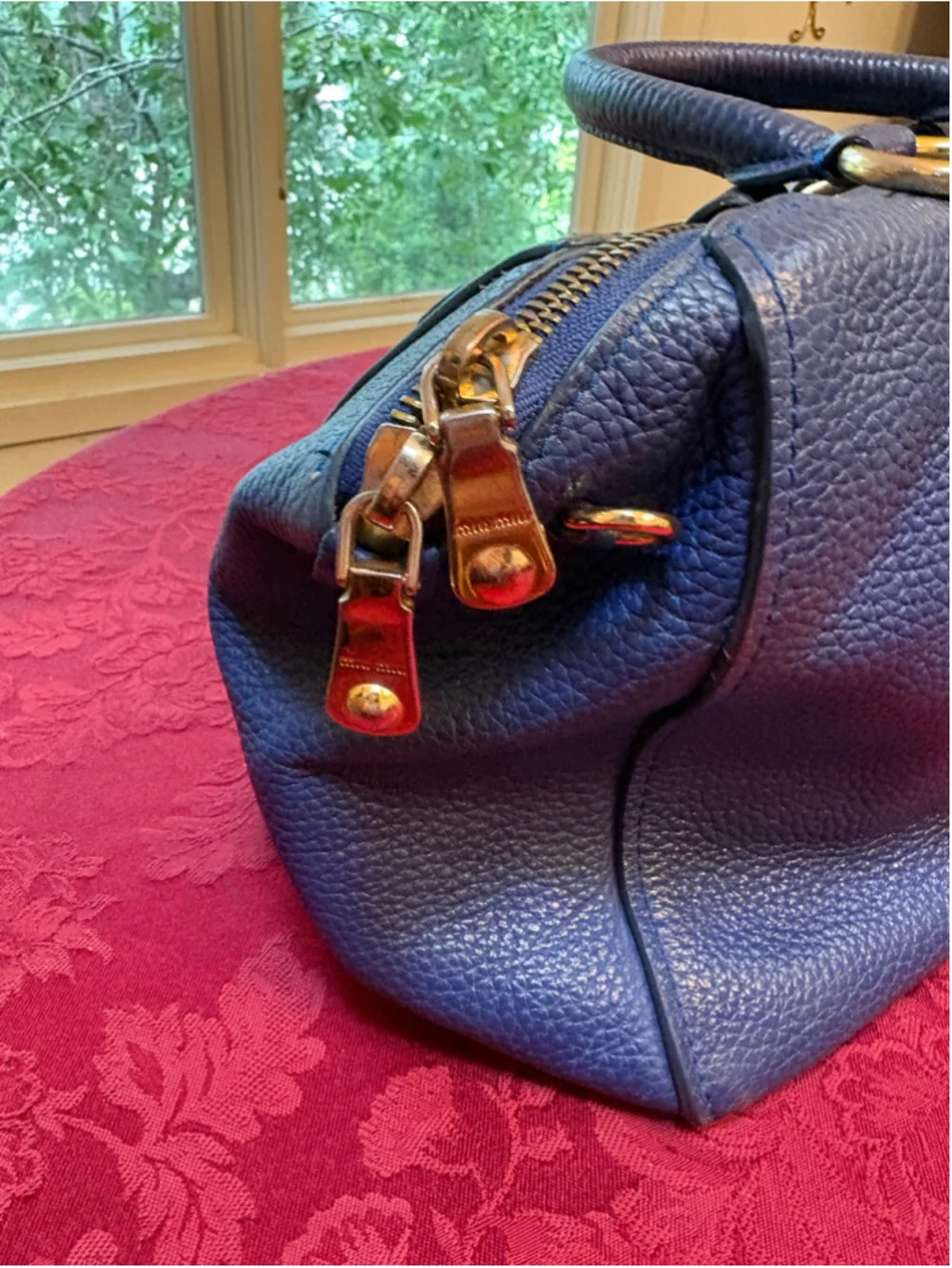 Miu Miu Blue Leather Satchel Bag With Gold Hardware